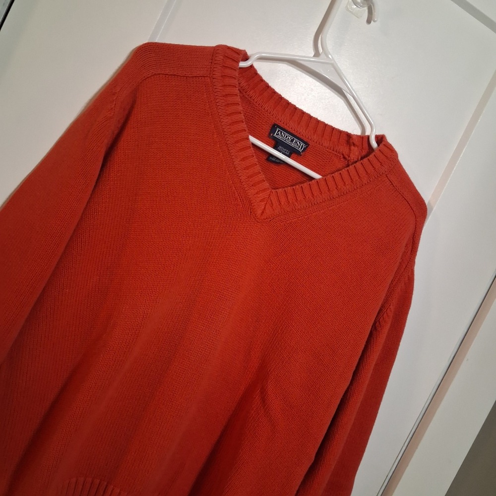 Vintage Lands End V-Neck Sweater Womens L Orange Cotton Knit Pullover Preppy